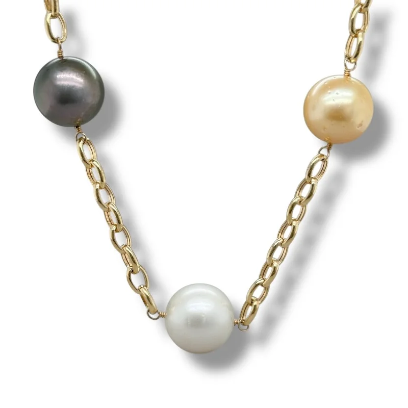 Custom Engraved Necklace-14K Y Gold Multi-Color South Sea Pearl Necklace