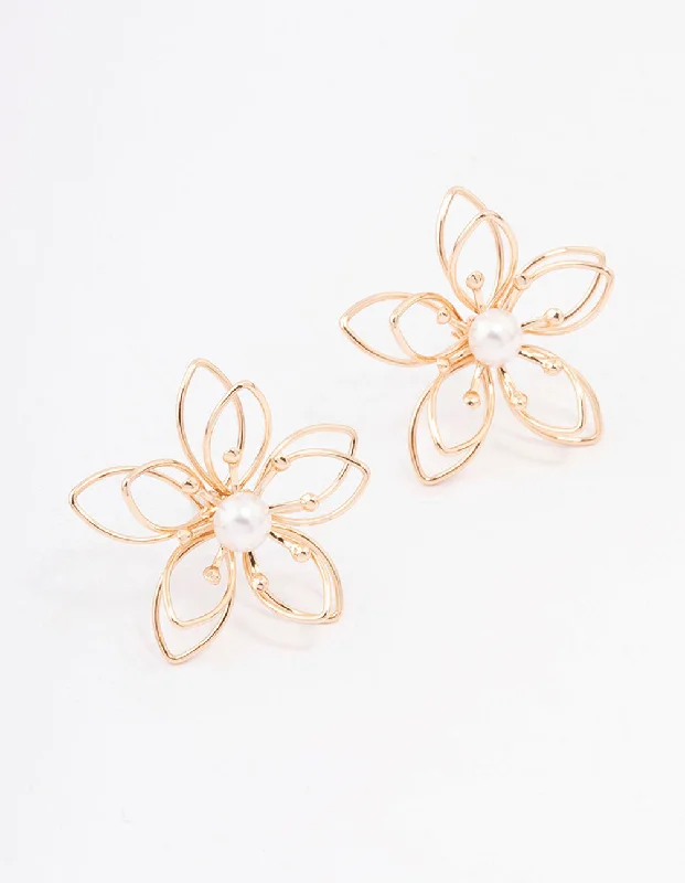 Clear Crystal Earrings-Gold Wire Pearl Flower Stud Earrings