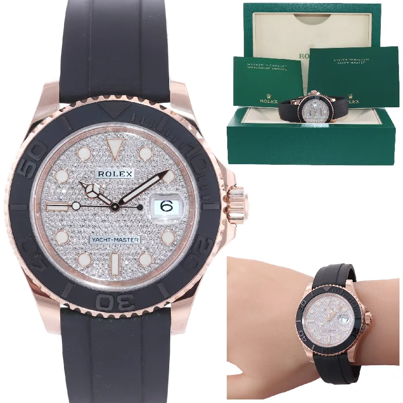 Elegant Women's Gold Watch-Rolex Yacht-Master 116655 Everose 40mm Pave Diamond Oysterflex Watch Box