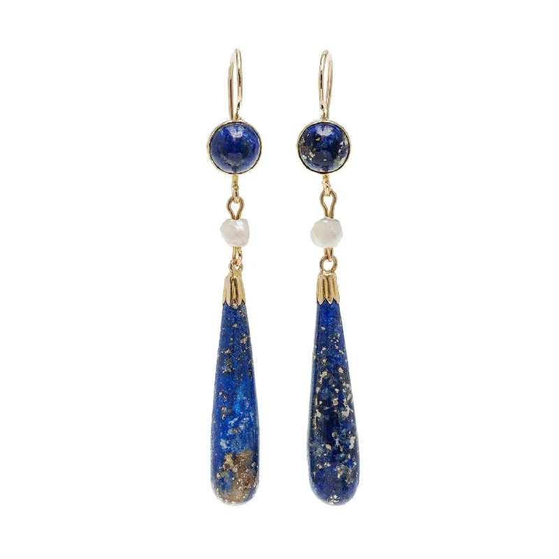 Luxury Pearl Earrings-Victorian 14k Lapis + Pearl Earrings