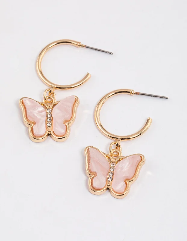 Handmade Gemstone Earrings-Pink Acrylic Butterfly Hoop Drop Earrings