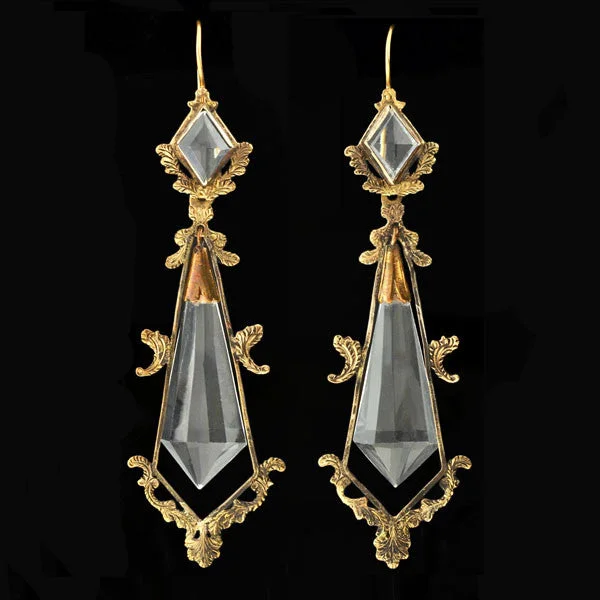 Large Silver Earrings-Victorian Long 14kt Faceted Rock Crystal Earrings