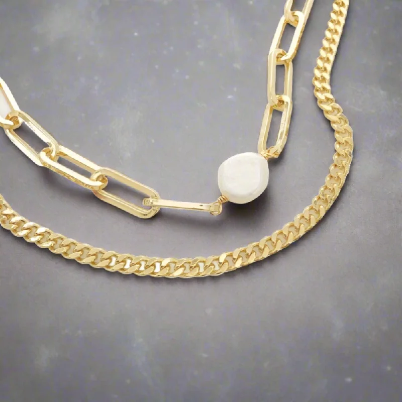 Custom Diamond Necklace-Brass YGP Baroque Pearl With Paperclip, Half Curb Chain Necklace