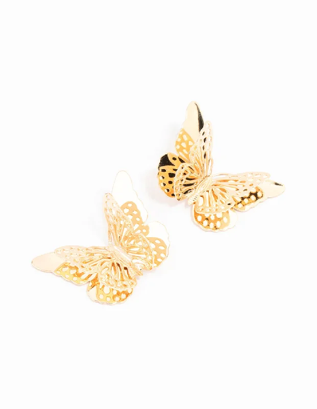 Simple Crystal Earrings-Gold Multi Layered Butterfly Stud Earrings