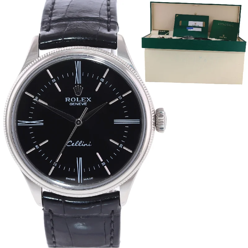 Men’s Watch with Chronograph Functions-PAPERS Rolex Cellini 39mm White Gold Black Dial 50509 Watch Box