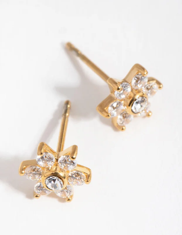 Sparkling Diamond Earrings-24 Carat Gold Plated Surgical Steel Cubic Zirconia Flower Stud Earrings