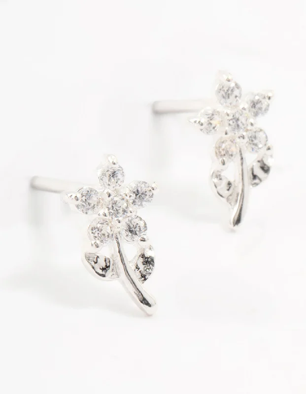 Simple Silver Drop Earrings-Sterling Silver Cubic Zirconia Flower Stem Earrings