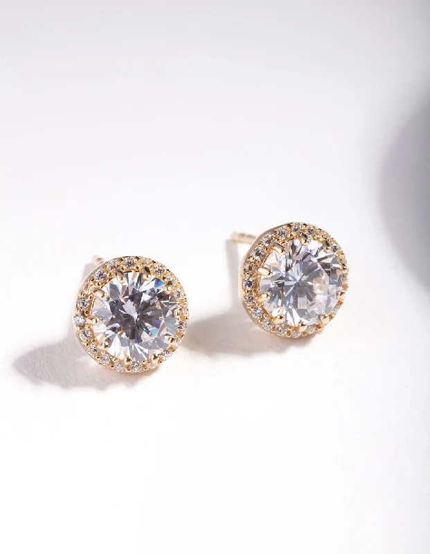 Stylish Stud Earrings-Gold Plated Sterling Silver 5mm Cubic Zirconia Halo Stud Earrings