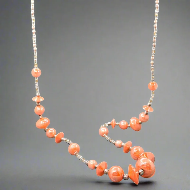 Gold Chain with Pendant-STST Peachy Orange and Clear Murano Glass 34” Beaded Necklace