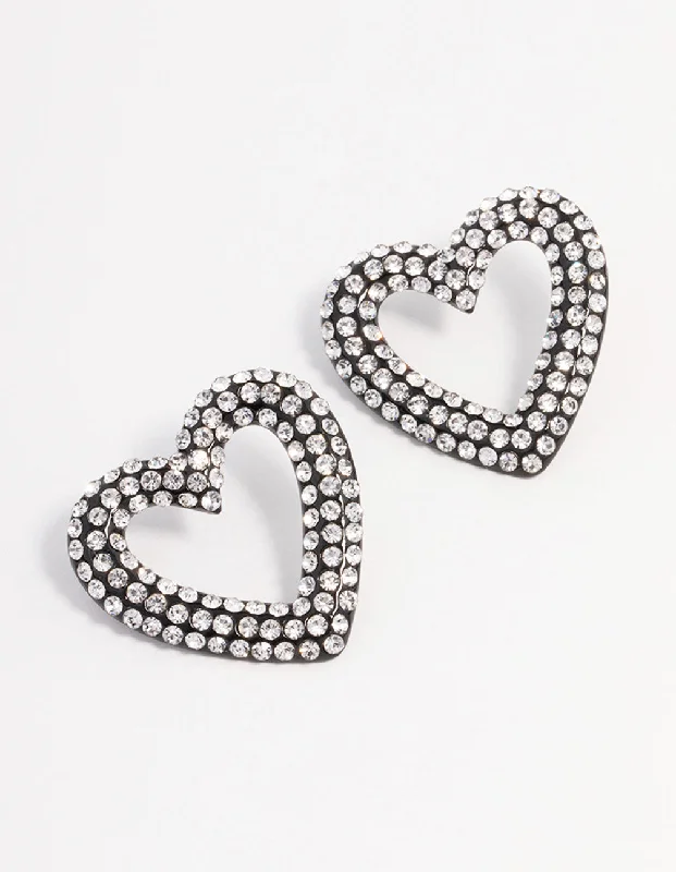 Bohemian Earrings-Gunmetal Diamante Heart Stud Earrings