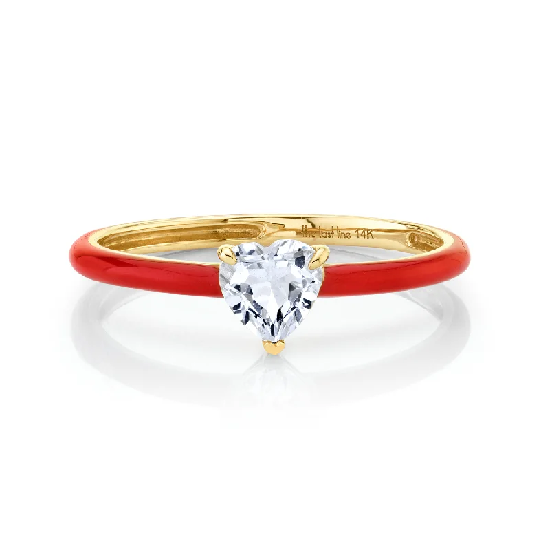 Heart Enamel Ring - White Topaz And Red Enamel / 14k Yellow Gold