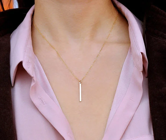 Layered Gold Necklace-Short Skinny Vertical Bar Necklace, 1" Bar