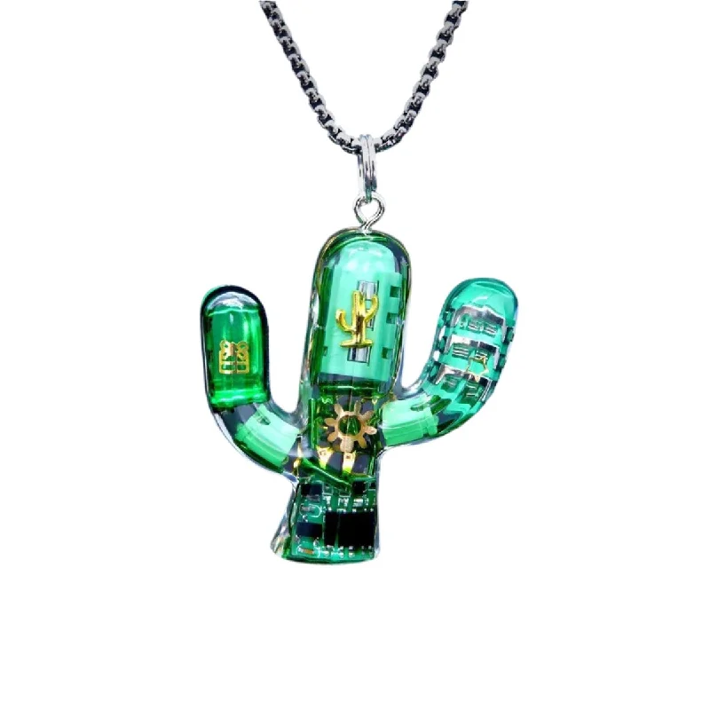 Modern Beaded Necklace-Green Cactus Necklace Unique Desert-Inspired Pendant