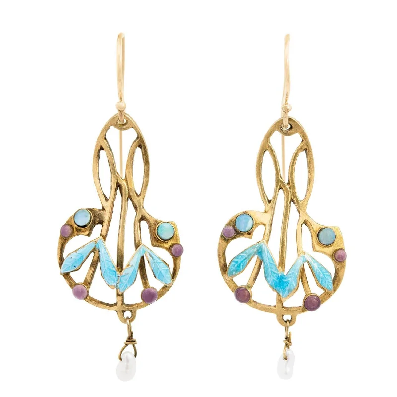 Handcrafted Earrings-Art Nouveau Silver Gilt Opal and Pearl Enameled Dangle Earrings