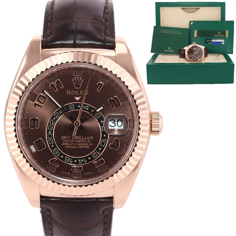 Men's Chronograph Watch-PAPERS Rolex Sky-Dweller 18K Rose Gold 326135 42mm Chocolate Dial Leather Watch