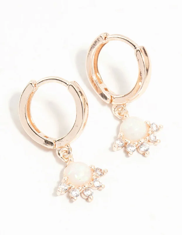 Silver Plated Earrings-Rose Gold Cubic Zirconia and Opal Drop Huggie Earrings