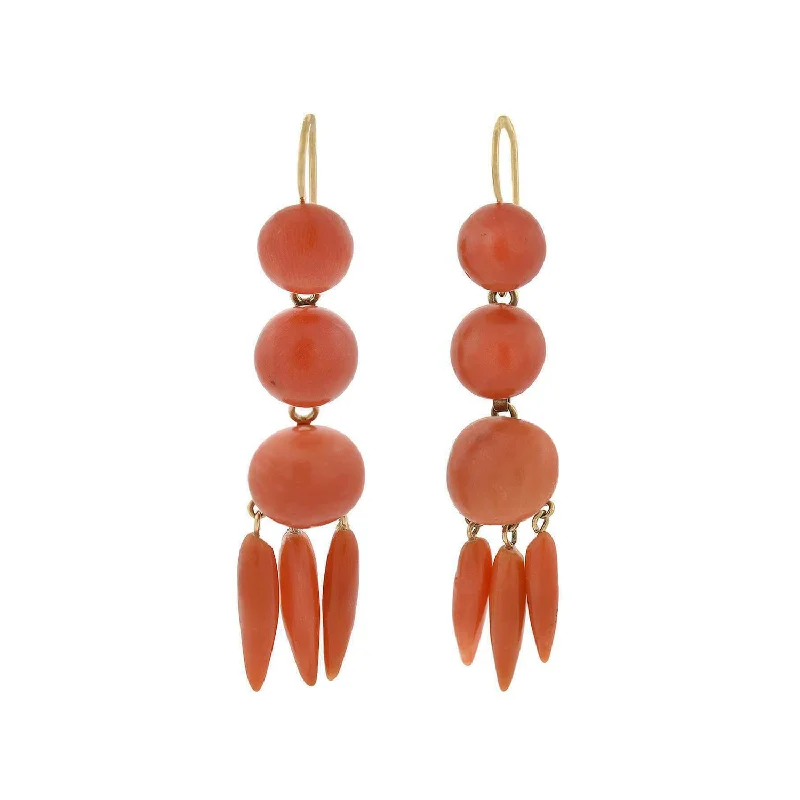 Textured Gold Earrings-Victorian 14kt Carved Natural Coral Dangling Earrings