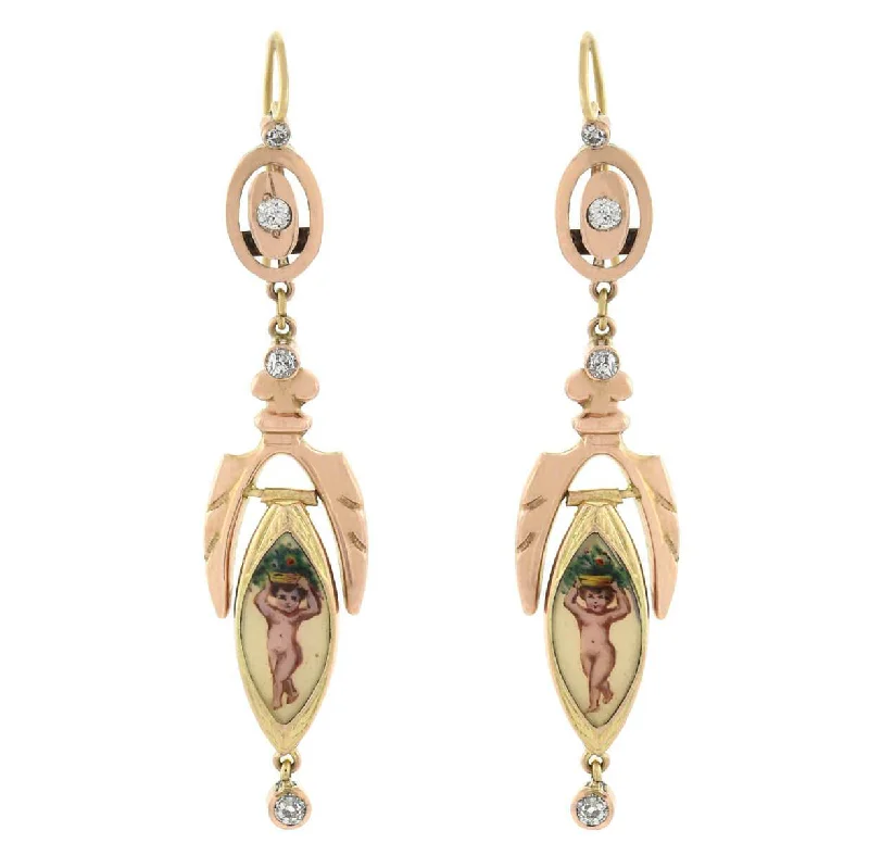 Dangling Gold Earrings-Victorian 18kt Diamond + Enameled Cherub Earrings