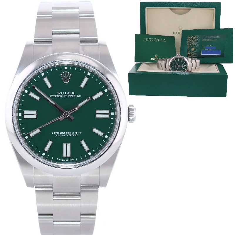 Women's Gold-Plated Watch-2021 BRAND NEW PAPERS Rolex Oyster Perpetual 41mm Green Watch 124300