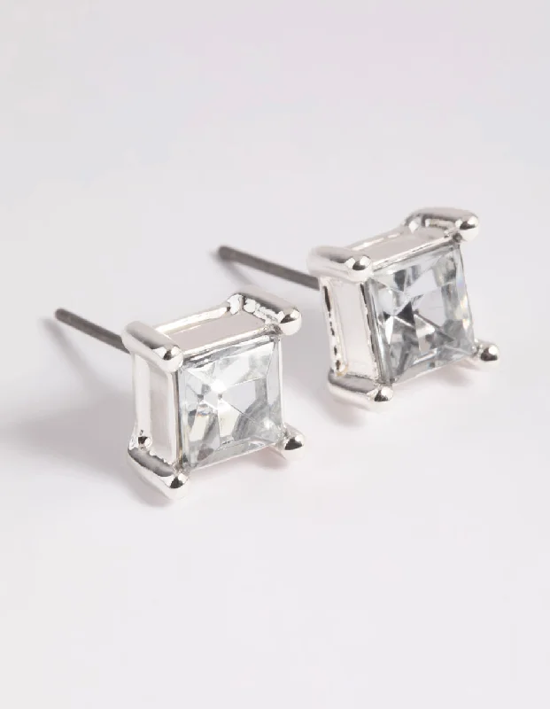 Colorful Crystal Earrings-Silver Diamante Square Stud Earrings