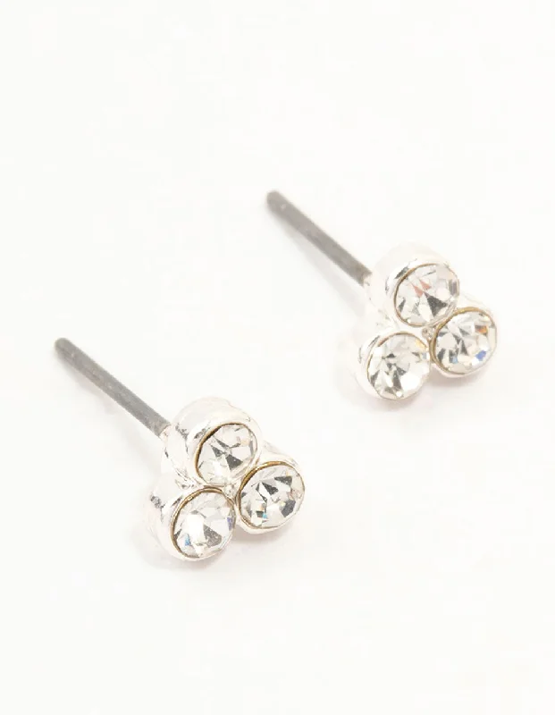 Luxurious Gold Earrings-Silver Diamante Cluster Stud Earrings