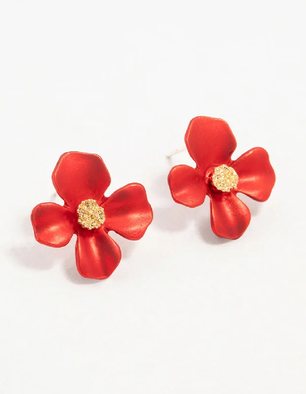 Small Drop Earrings-Gold Red Pearlised Flower Stud Earrings