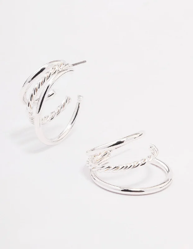 Vintage Style Earrings-Silver Plain & Twisted Illusion Hoop Earrings