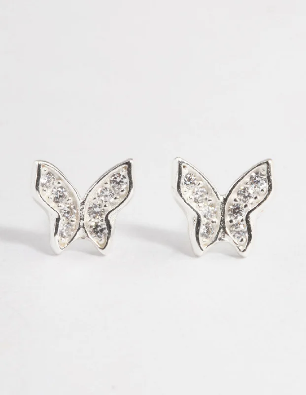 Silver Hoop Earrings-Sterling Silver Cubic Zirconia Pave Butterfly Stud Earrings