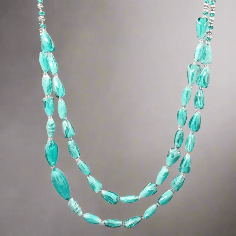 Layered Crystal Necklace-STST Teal Murano Glass Double Strand Graduated Beaded Necklace