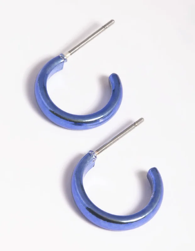 Crystal Drop Earrings-Matte Blue Metallic Huggie Hoop Earrings