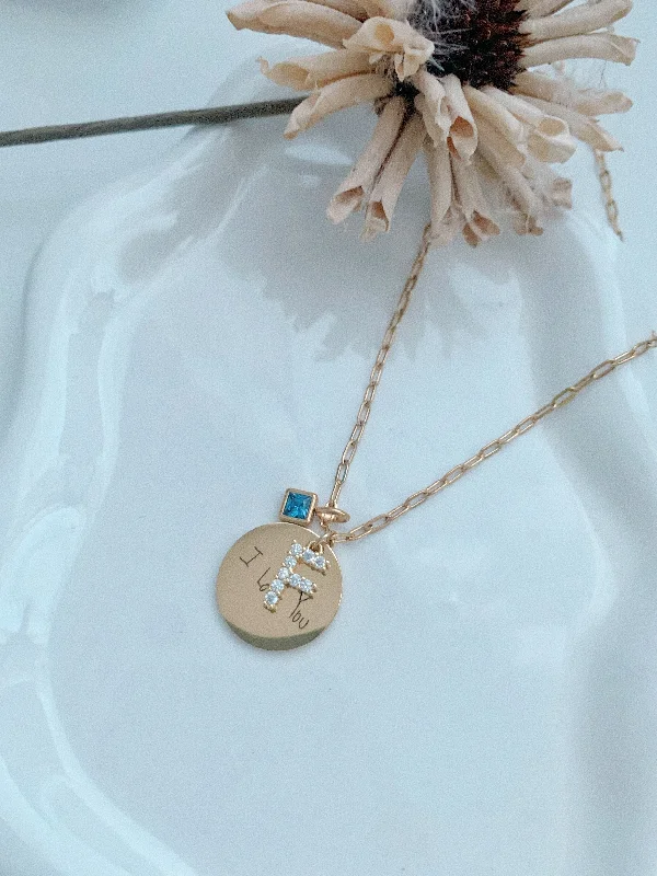 Gold Circle Necklace-Handwriting & Initial With Birthstone Necklace