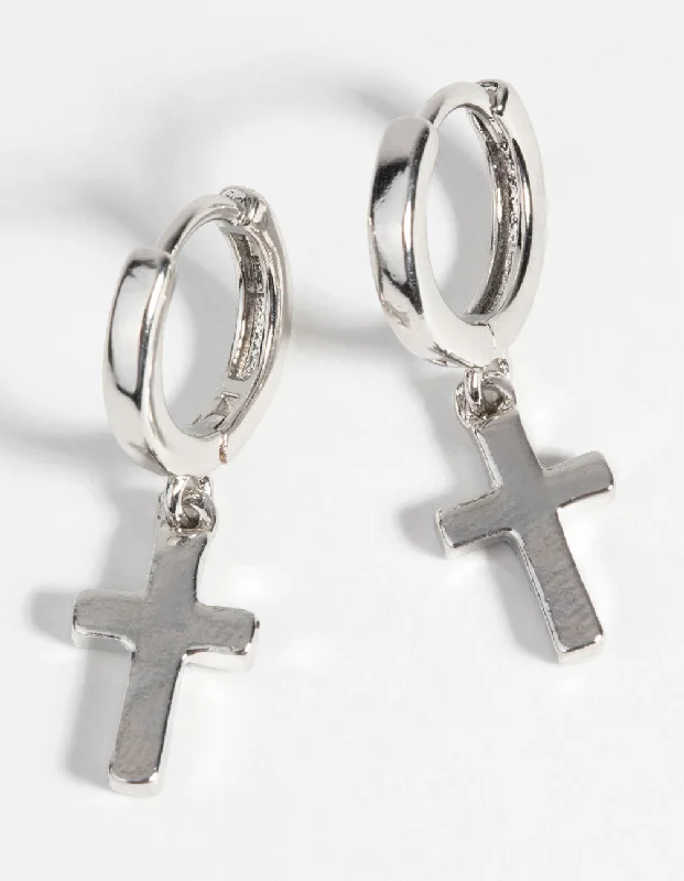 Handmade Dangle Earrings-Silver Cross Huggie Hoop Earrings