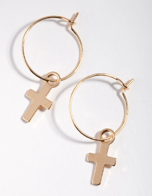 Natural Stone Earrings-Gold Simple Cross Hoop Earrings