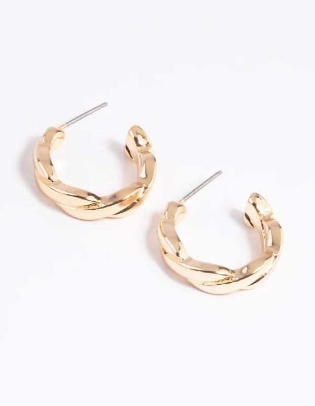 Fashion Pearl Earrings-Gold Twisted Huggie Hoop Earrings