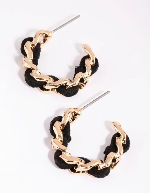 Stylish Stud Earrings-Gold & Black PU Plait Hoop Earrings