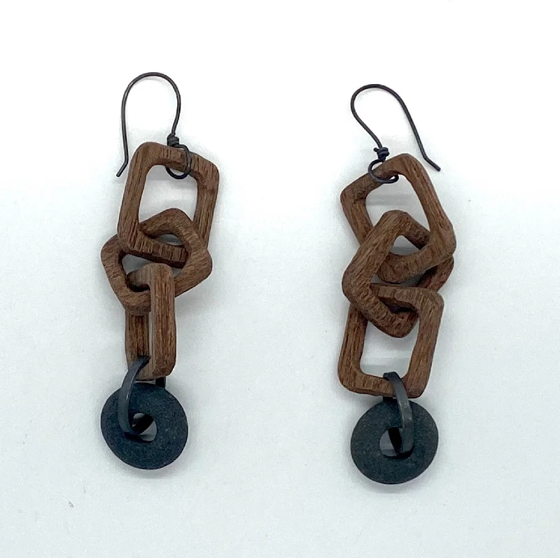 Elegant Ear Cuffs-Wood Chain and Rock Earrings