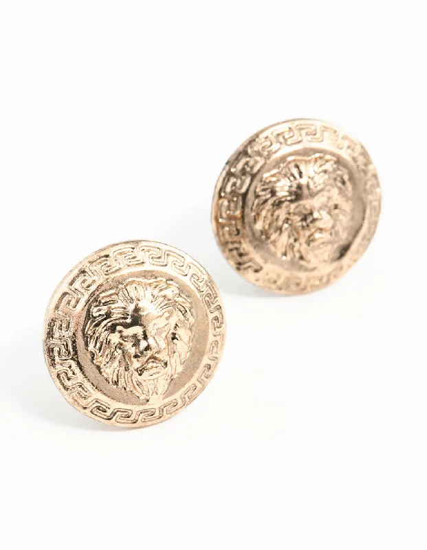 Glittery Hoop Earrings-Antique Gold Lion Stud Earrings