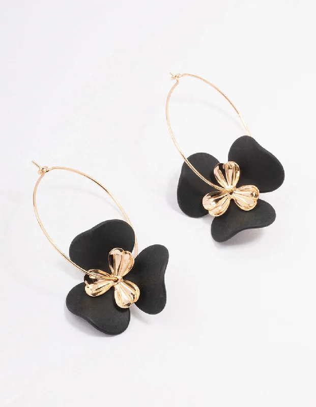 Custom Pearl Earrings-Gold Large Flower Wire Hoop Earrings