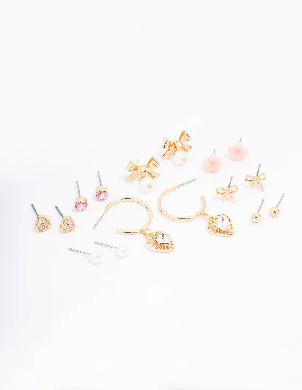 Unique Dangle Hoop Earrings-Gold Bow Flower & Pearl Earring 8-Pack