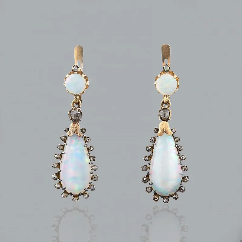 Silver Teardrop Earrings-Early Victorian 18k Opal and Diamond Dangle Earrings