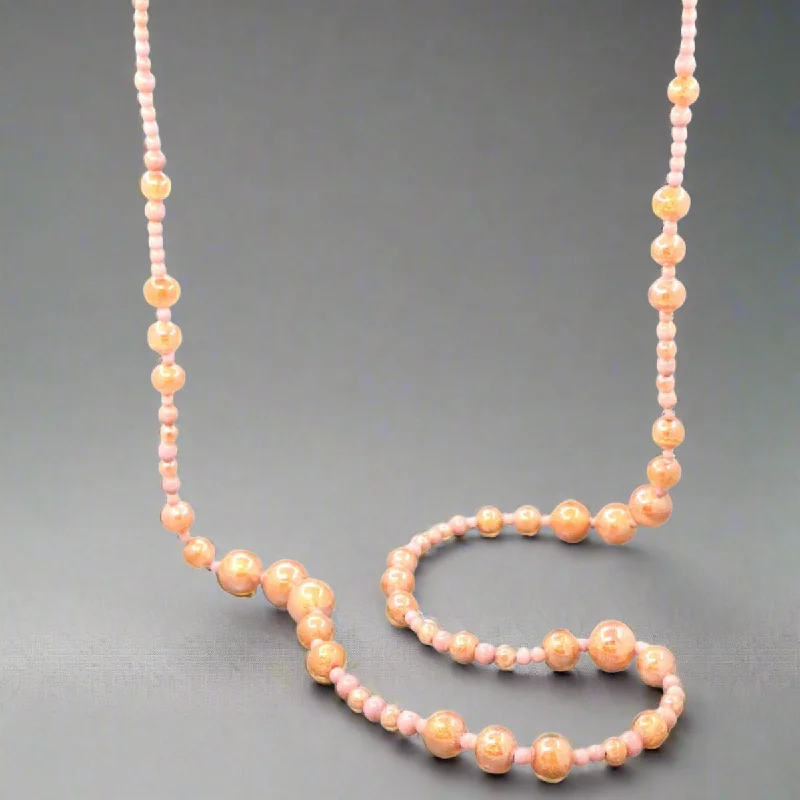 Minimalist Heart Necklace-STST Peachy Pink Orange Murano Glass 37” Beaded Necklace