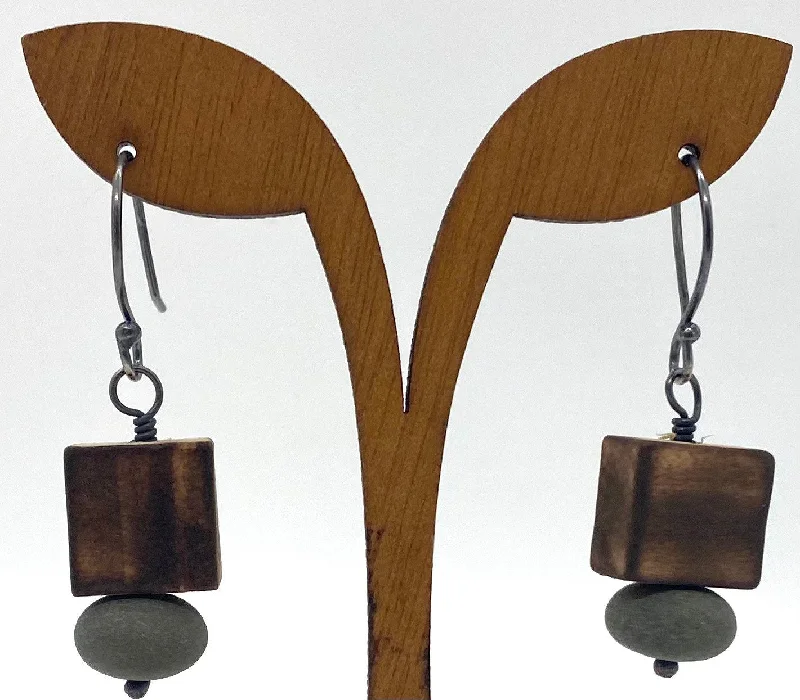 Stylish Stud Earrings-Burned Wood Square & Rock Earrings