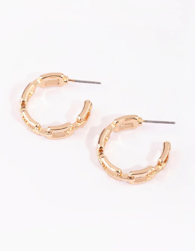 Unique Gemstone Earrings-Gold Flat Chain Hoop Earrings