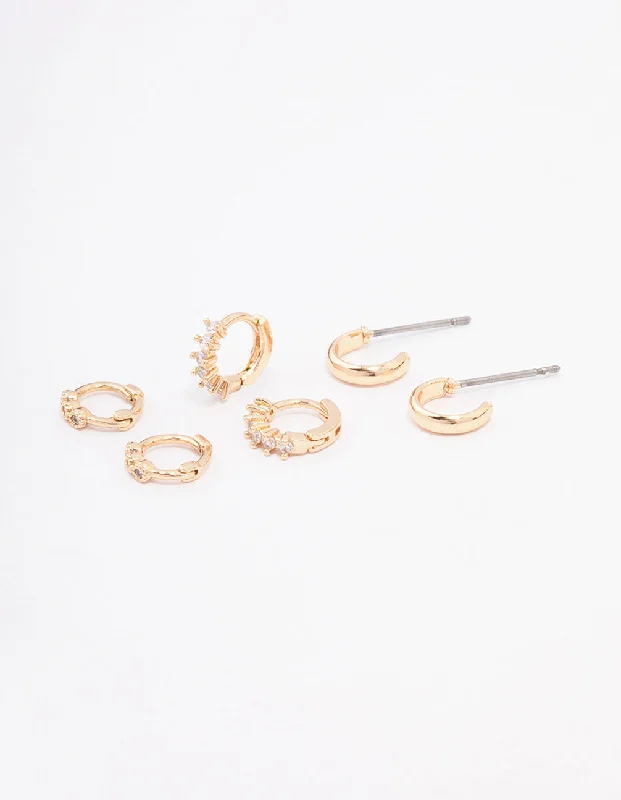 Custom Engraved Earrings-Gold Mixed Diamante Huggie Hoop Earring 3-Pack