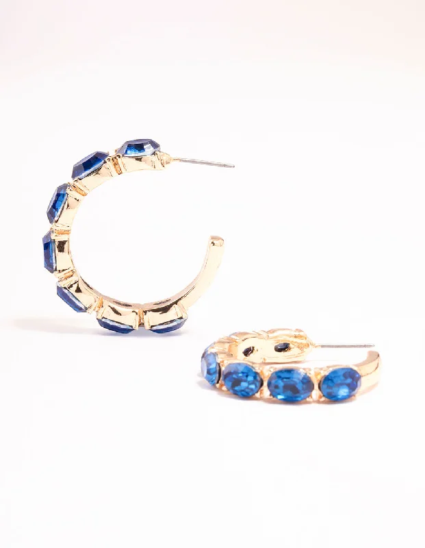 Stud Earrings for Teens-Gold Oval Blue Diamante Hoop Earrings