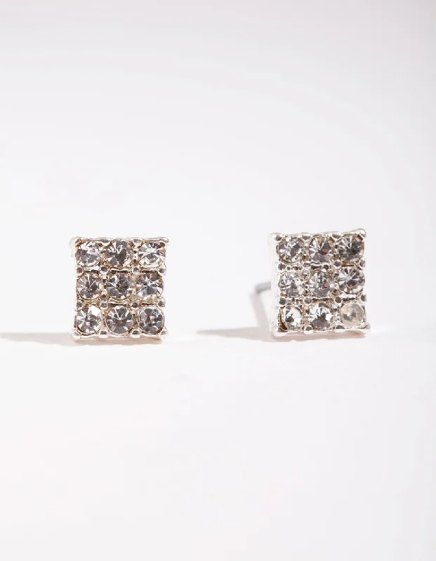 Elegant Pearl Earrings-Silver Pave Diamante Square Stud Earrings