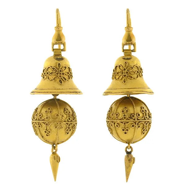 Sterling Silver Earrings-Victorian 15kt Etruscan Ball & Bell Hanging Earrings