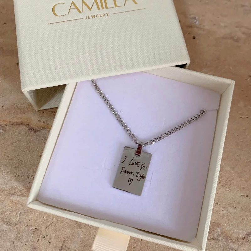 Unique Crystal Pendant Necklace-Handwriting Rectangle Engraved Necklace