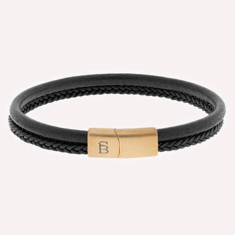 Stylish Diamond Bracelet-Black Gold Denby Two-Band Leather Bracelet