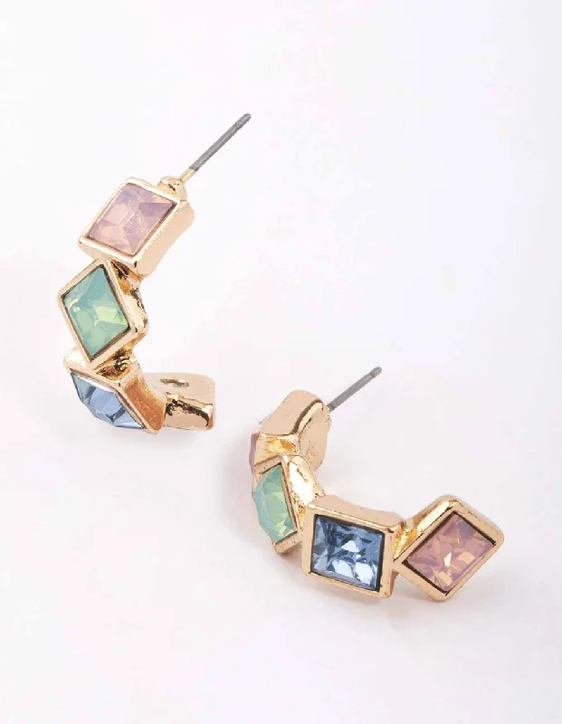 Geometric Shape Earrings-Gold Square Diamond Hoop Earrings